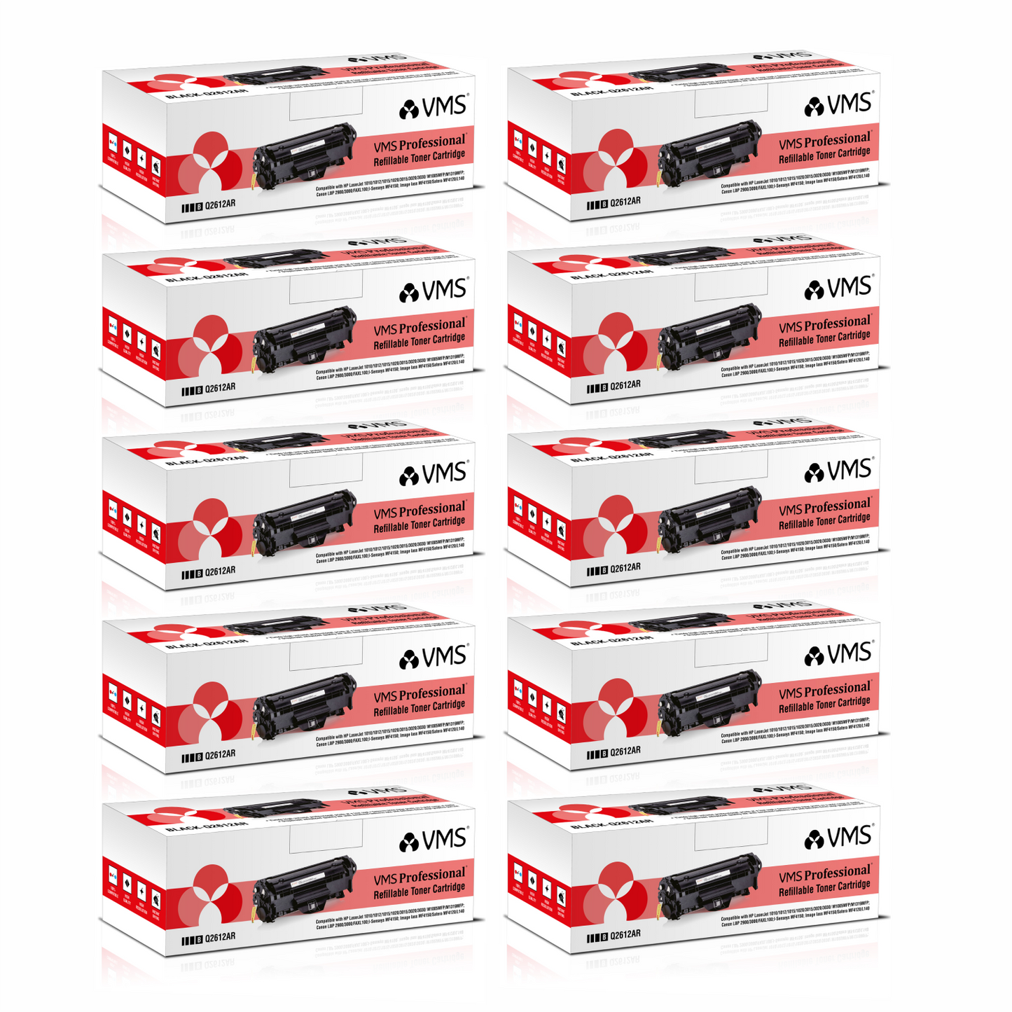 VMS Professional Refillable Black Toner Cartridge Q2612AR Pack of 10