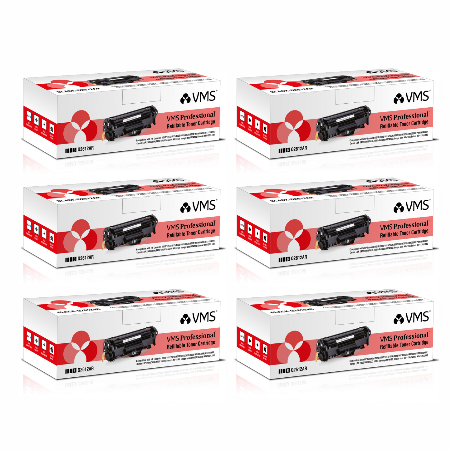 VMS Professional Refillable Black Toner Cartridge Q2612AR Pack of 6