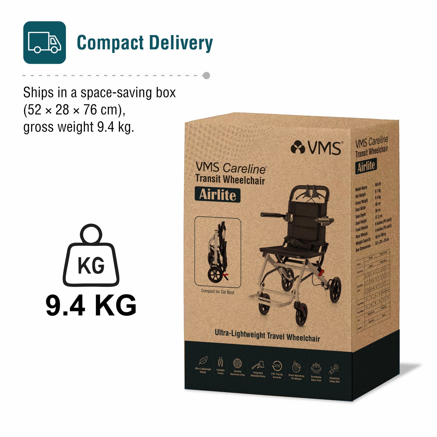VMS Careline Foldable Portable Transit Wheelchair Airlite -Black