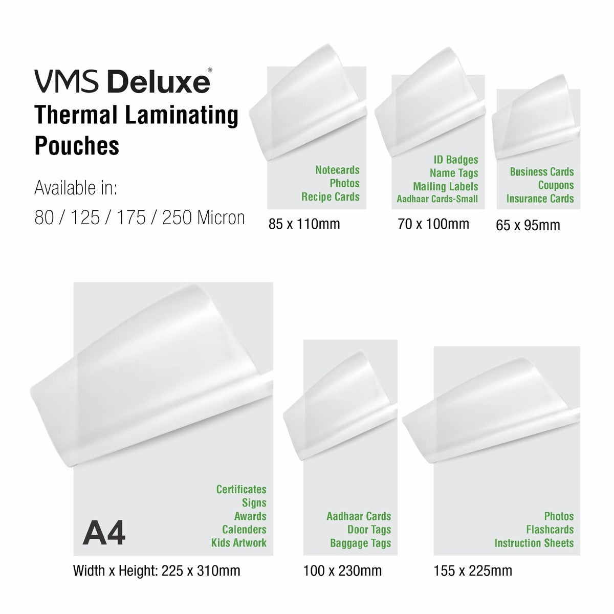 VMS Deluxe 125Mic 65mm x 95mm Thermal  Laminating Pouch - Available Sizes