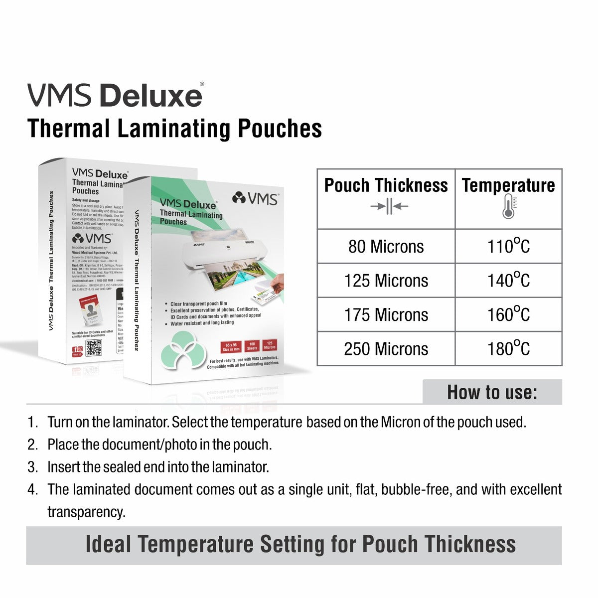 VMS Deluxe 125Mic 65mm x 95mm Thermal  Laminating Pouch - Ideal Temperature Setting