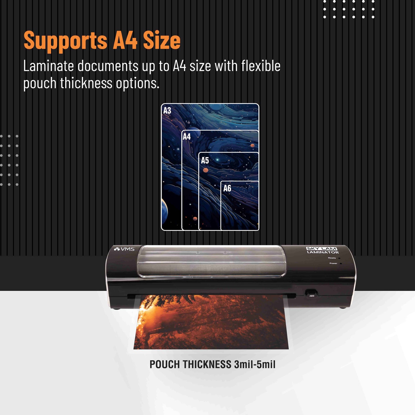 VMS LM Skylam Laminator Supports Flexible Pouch Thickness