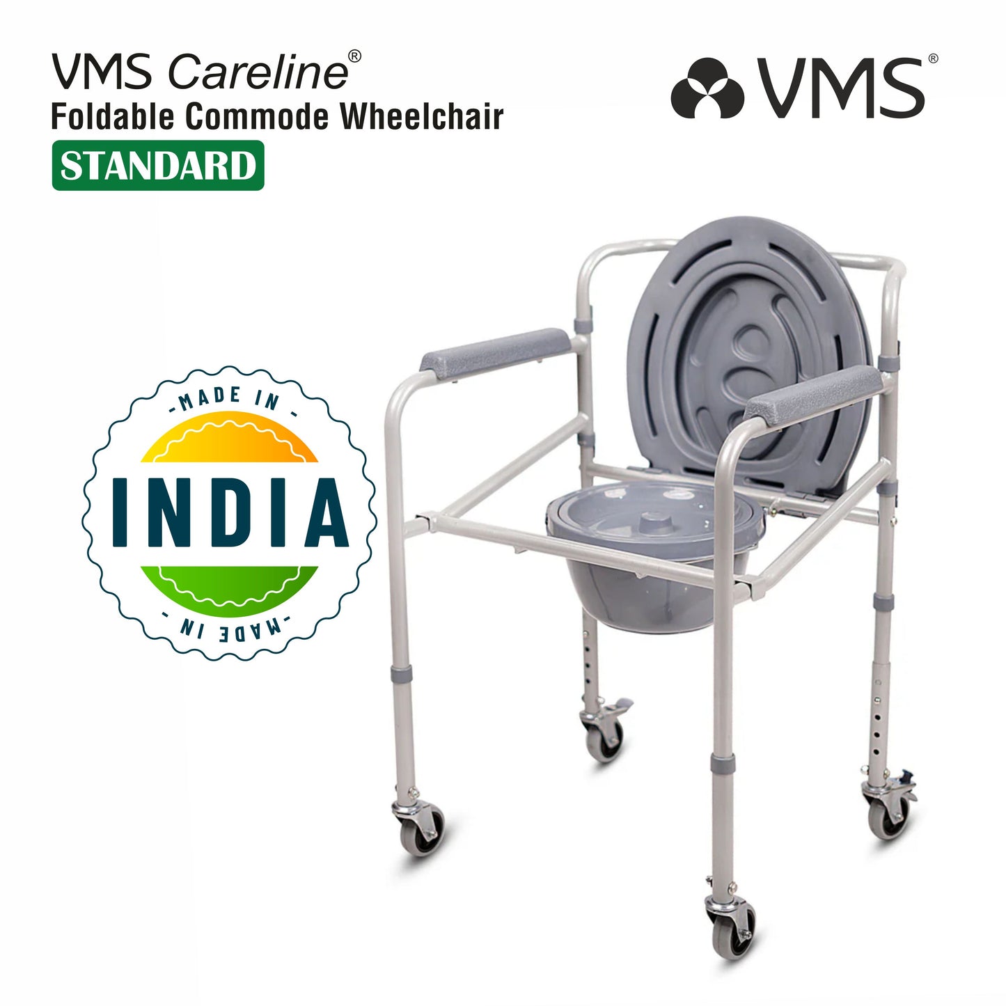 VMS Careline Foldable Commode Wheelchair - STANDARD