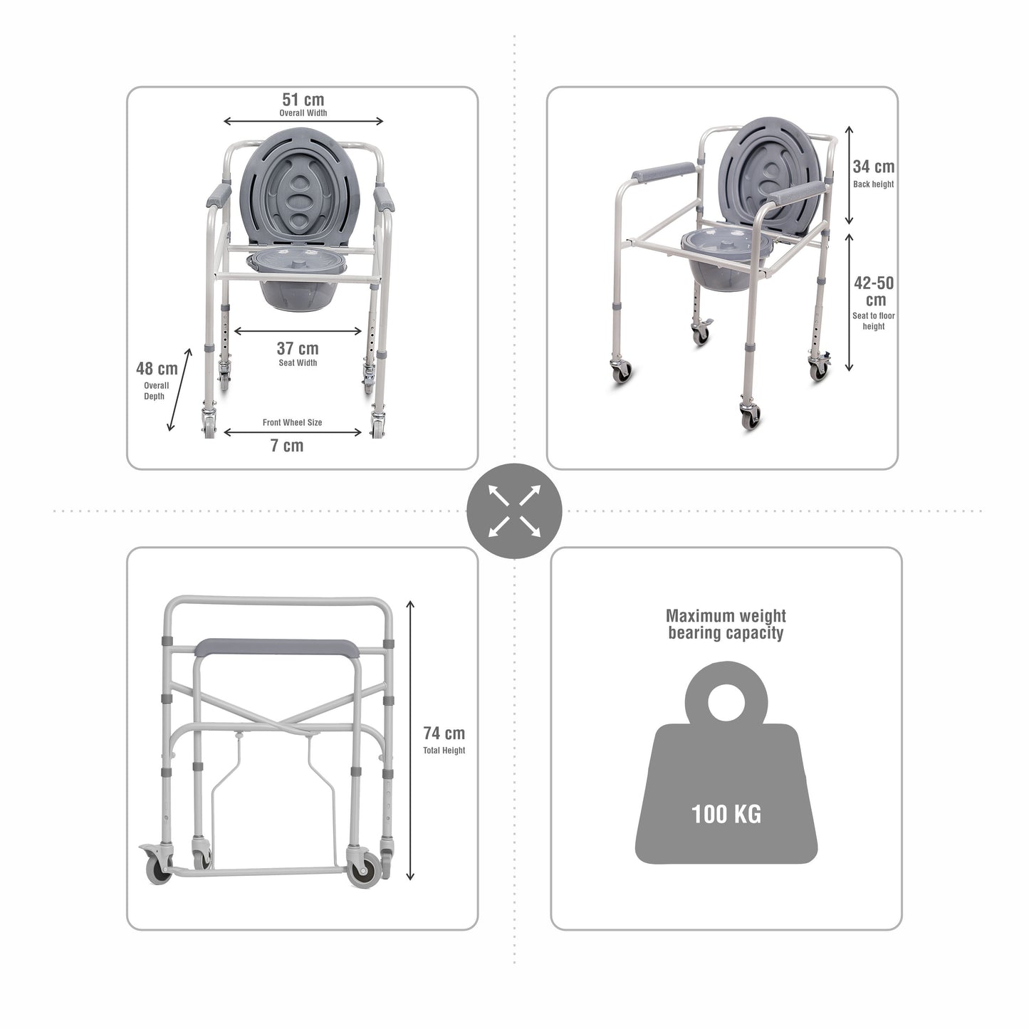 VMS Careline Foldable Commode Wheelchair - STANDARD