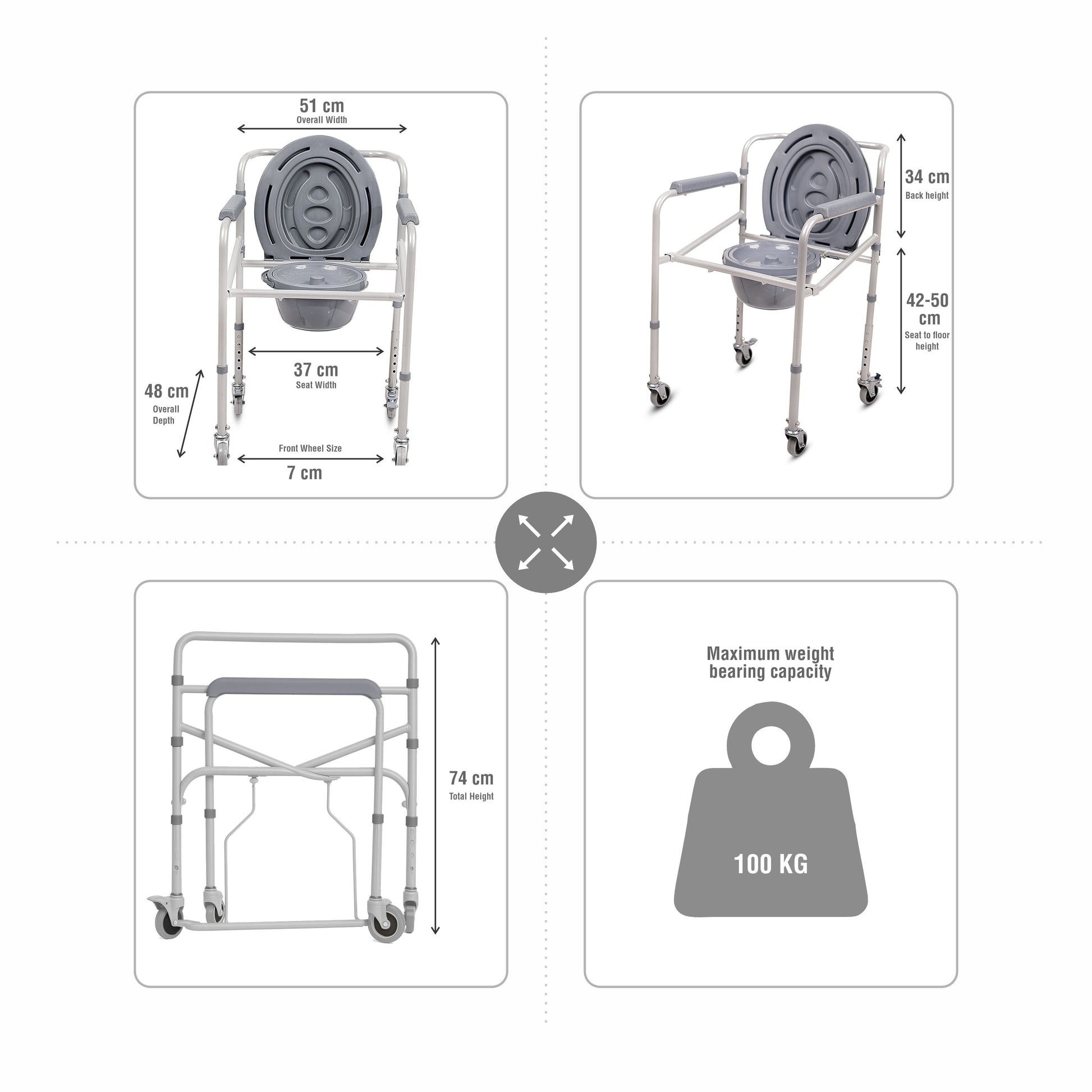 VMS Careline Foldable Commode Wheelchair - STANDARD