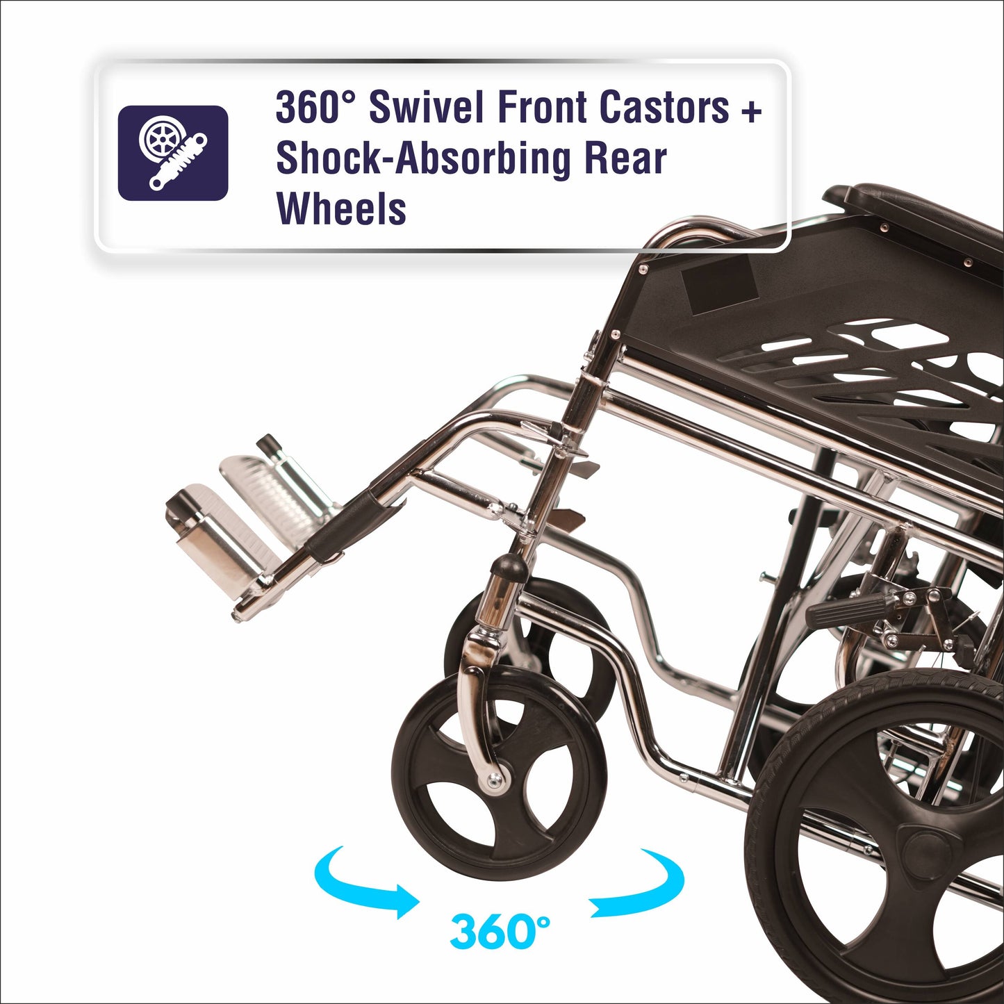 Wheelchair with 360-degree swivel front casters and shock-absorbing rear wheels