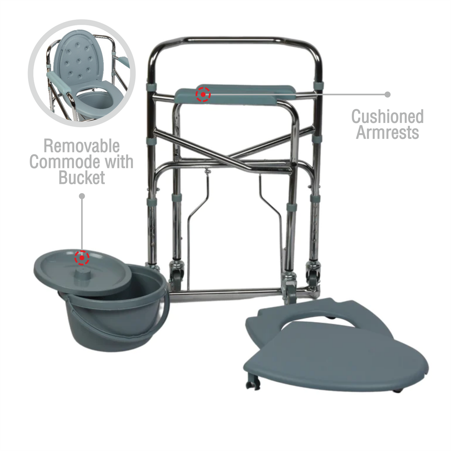 VMS Careline Foldable Chrome Plated Commode Wheelchair - Standard