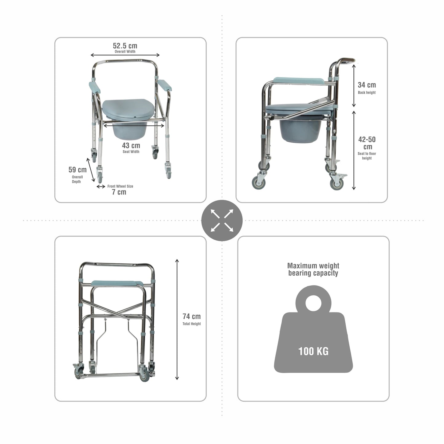 VMS Careline Foldable Chrome Plated Commode Wheelchair Dimension