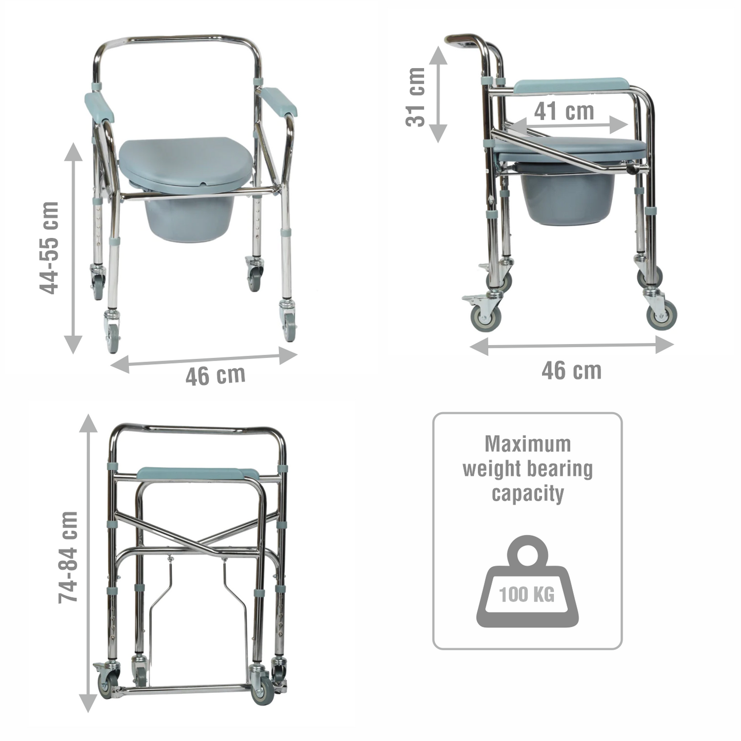VMS Careline Foldable Chrome Plated Commode Wheelchair - Standard