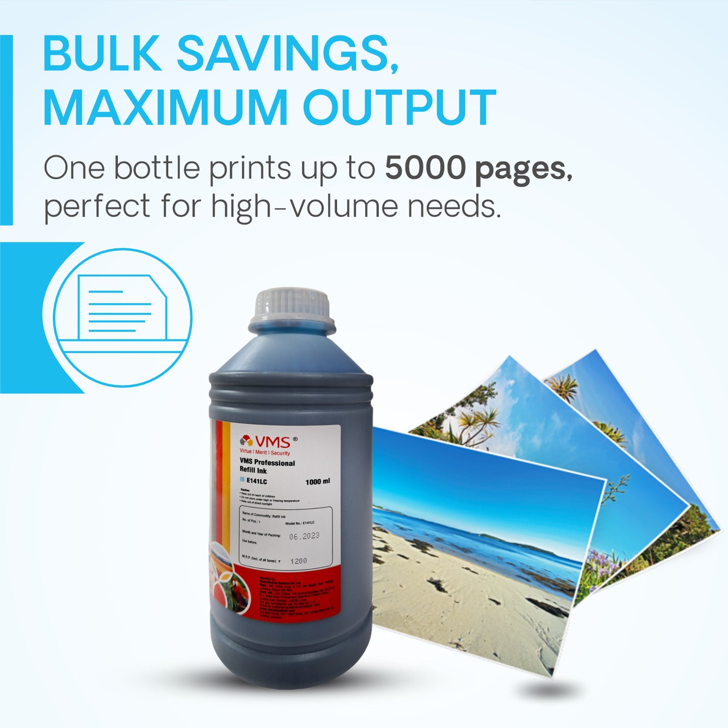 VMS Professional Light Cyan 1Ltr Refill Ink Bulk Saving Maximum Output