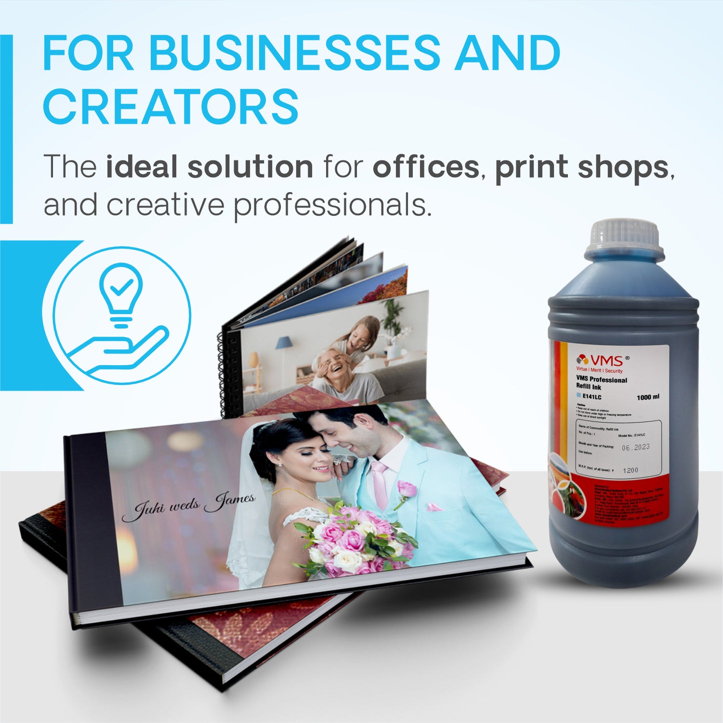 VMS Professional Light Cyan 1Ltr Refill Ink for Businesses and Creaors