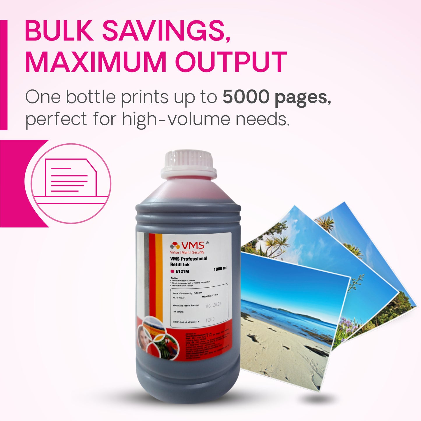 VMS Professional 1Ltr Refill Ink Magenta Bulk Savings Maximum Output