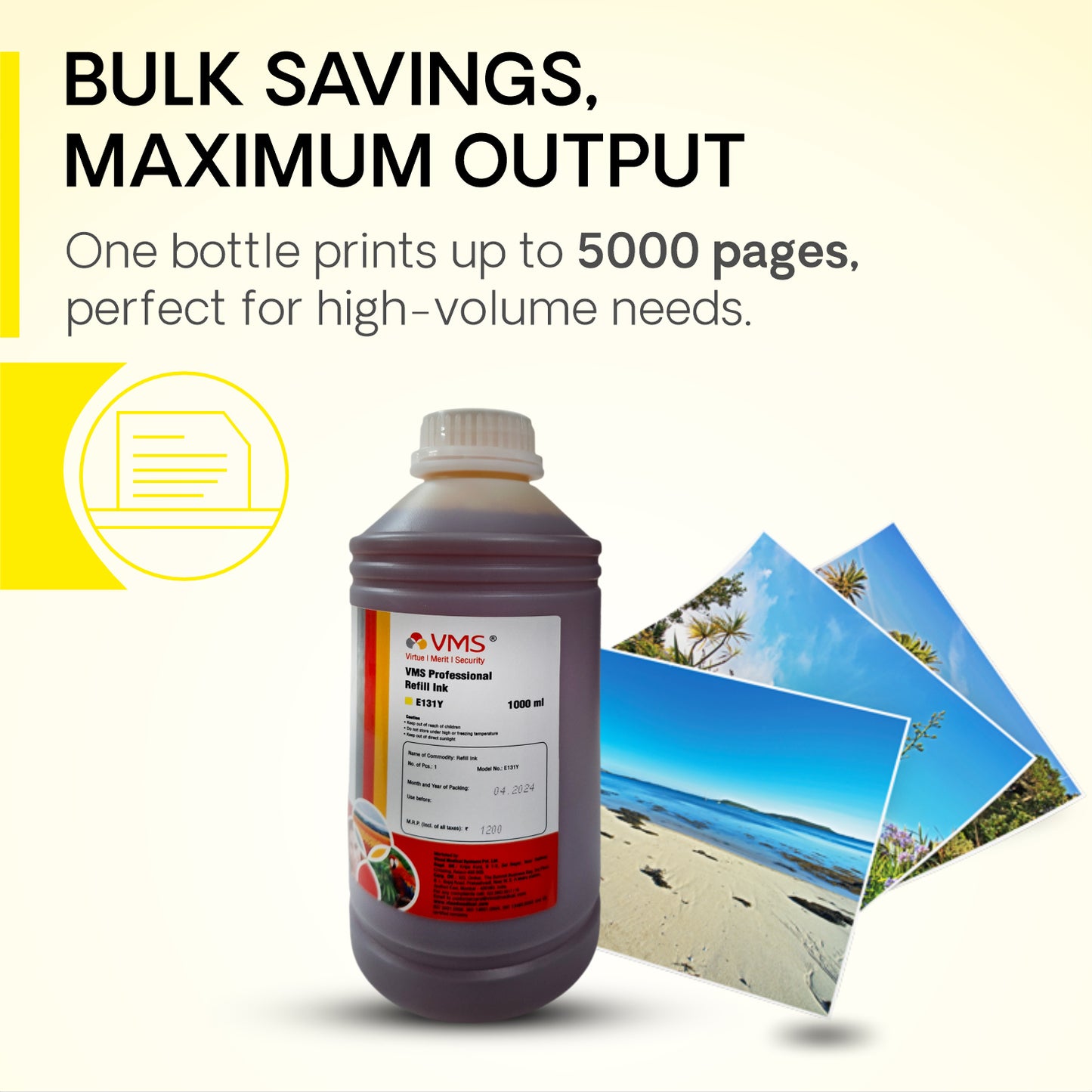 VMS Professional Yellow 1Ltr Refill Ink Buk Savings Output