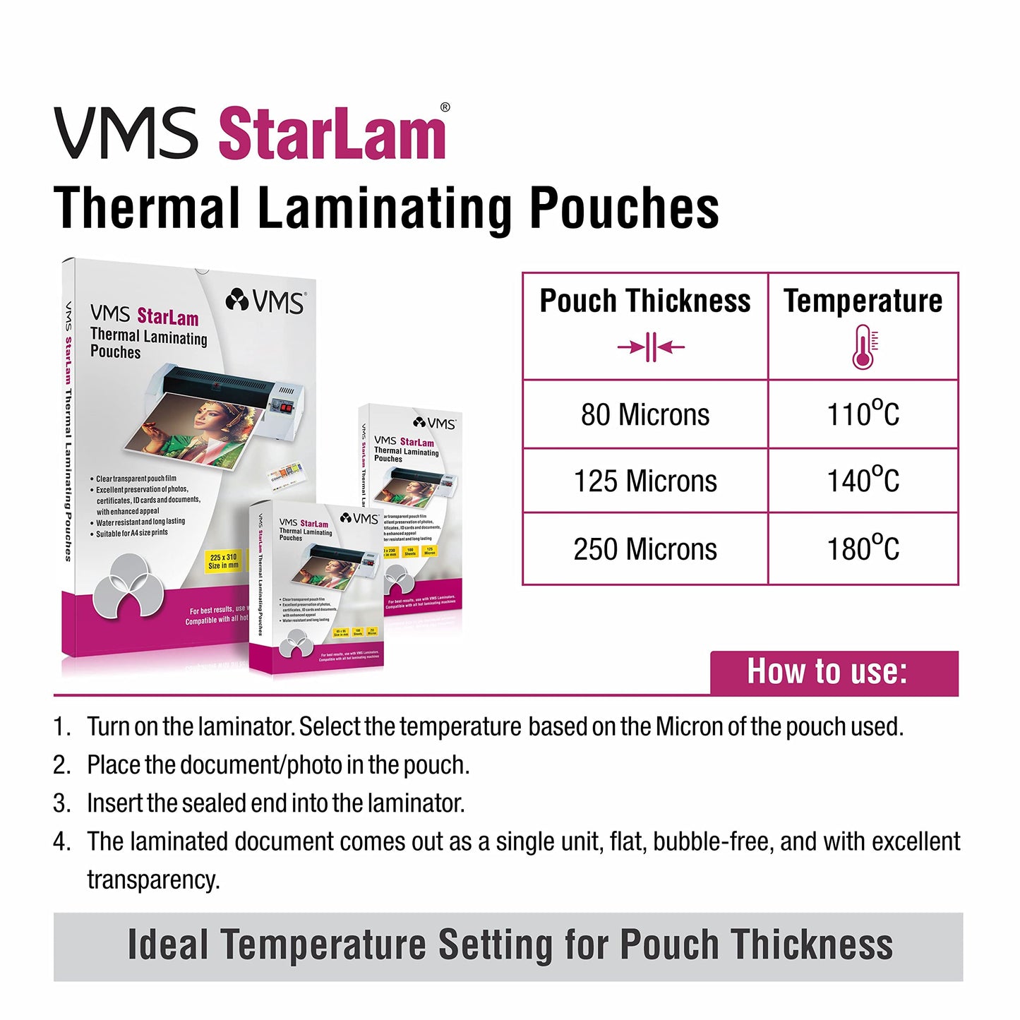 VMS StarLam thermal laminating pouches packaging with specifications and usage instructions.