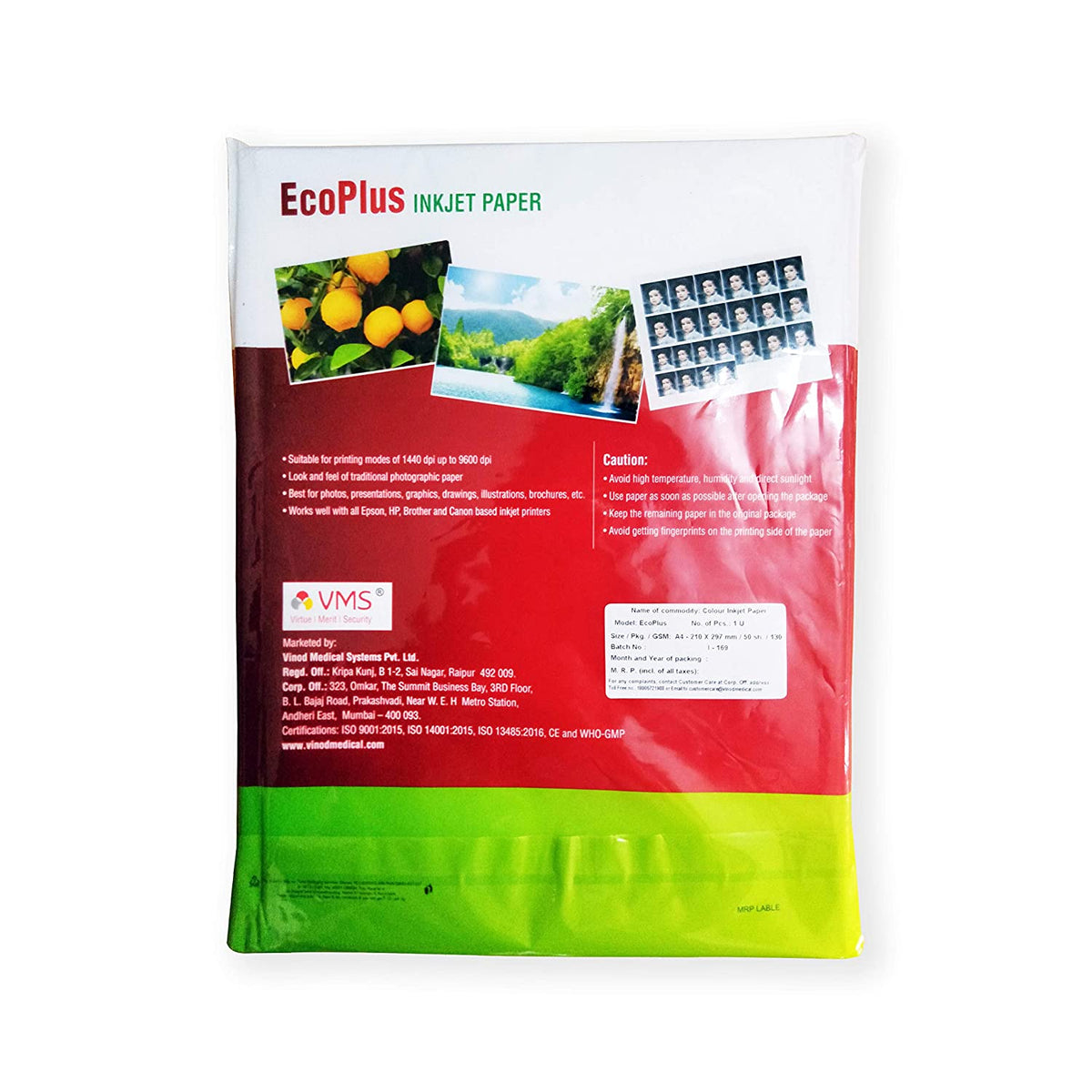 VMS EcoPlus 130 GSM A4 Glossy Photo Paper 50 Sheets Pack Back