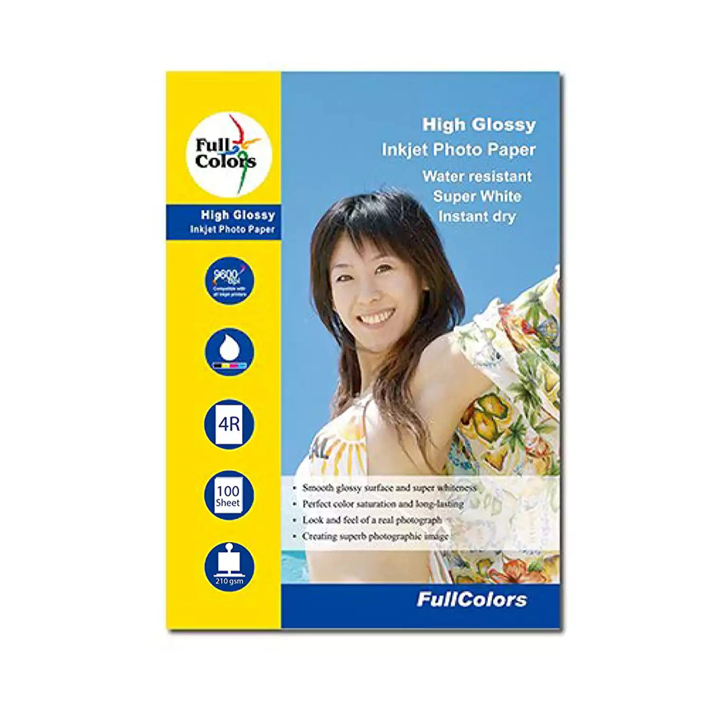 Full Colors 210 GSM 4R (4x6) High Glossy Photo Paper 100 Sheets Pack Front