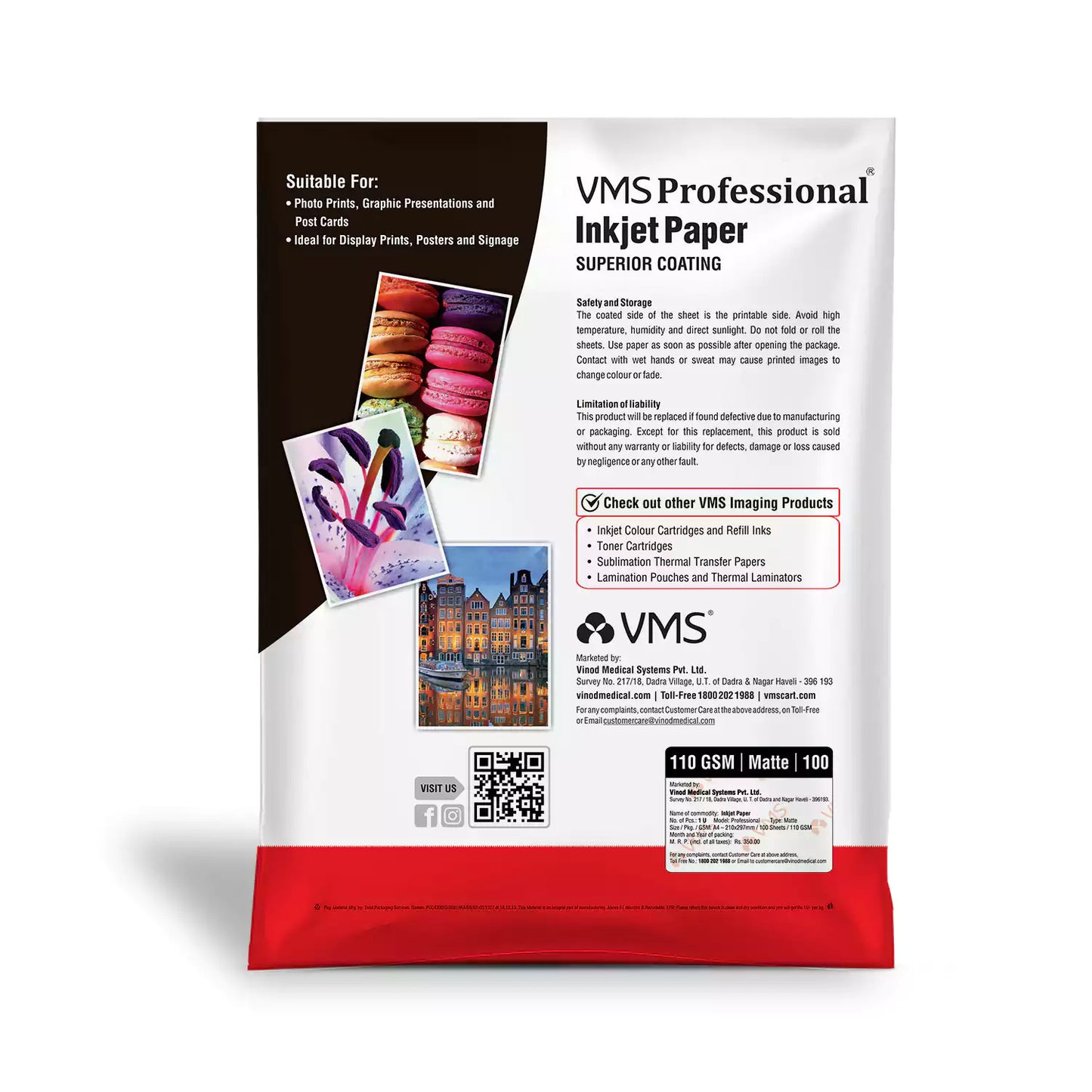VMS Professional 110 GSM A4 Matte Photo Paper 100 Sheets Pack Back