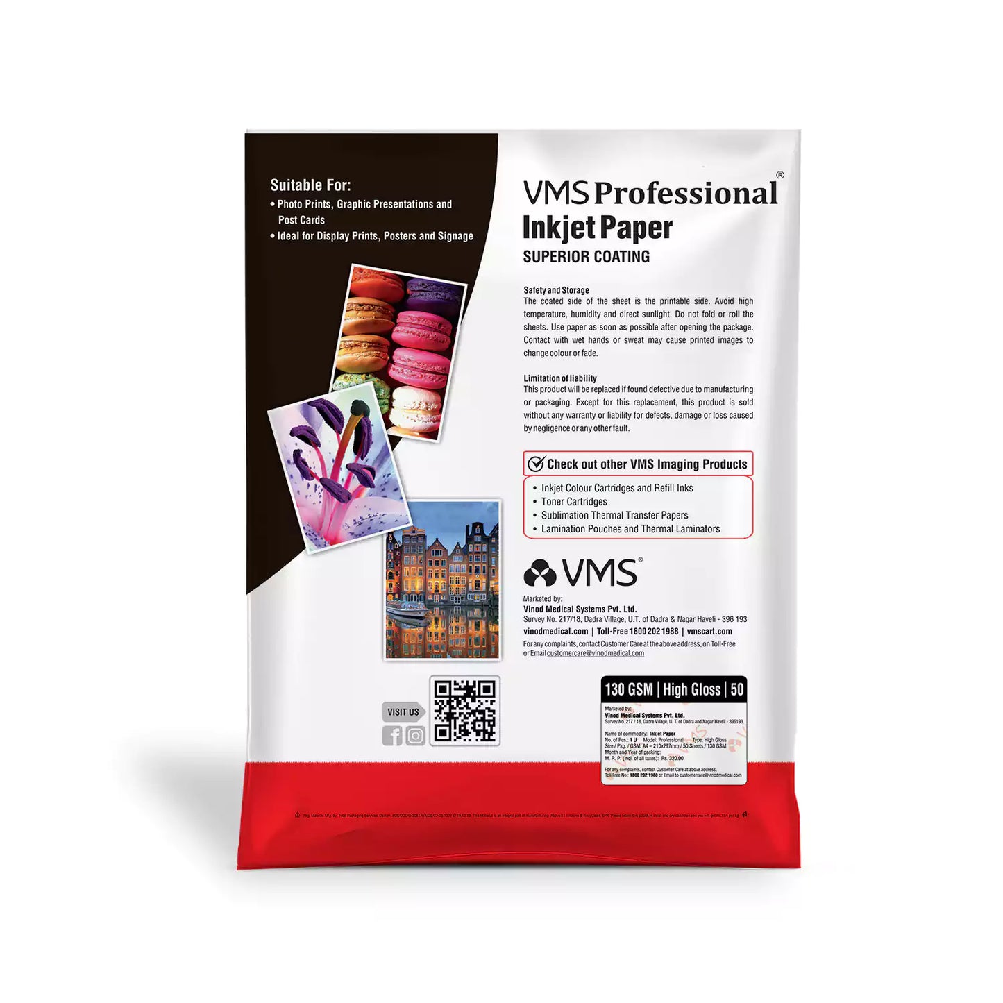 VMS Professional 130 GSM A4 High Gloss Photo Paper 50 Sheets Pack Back