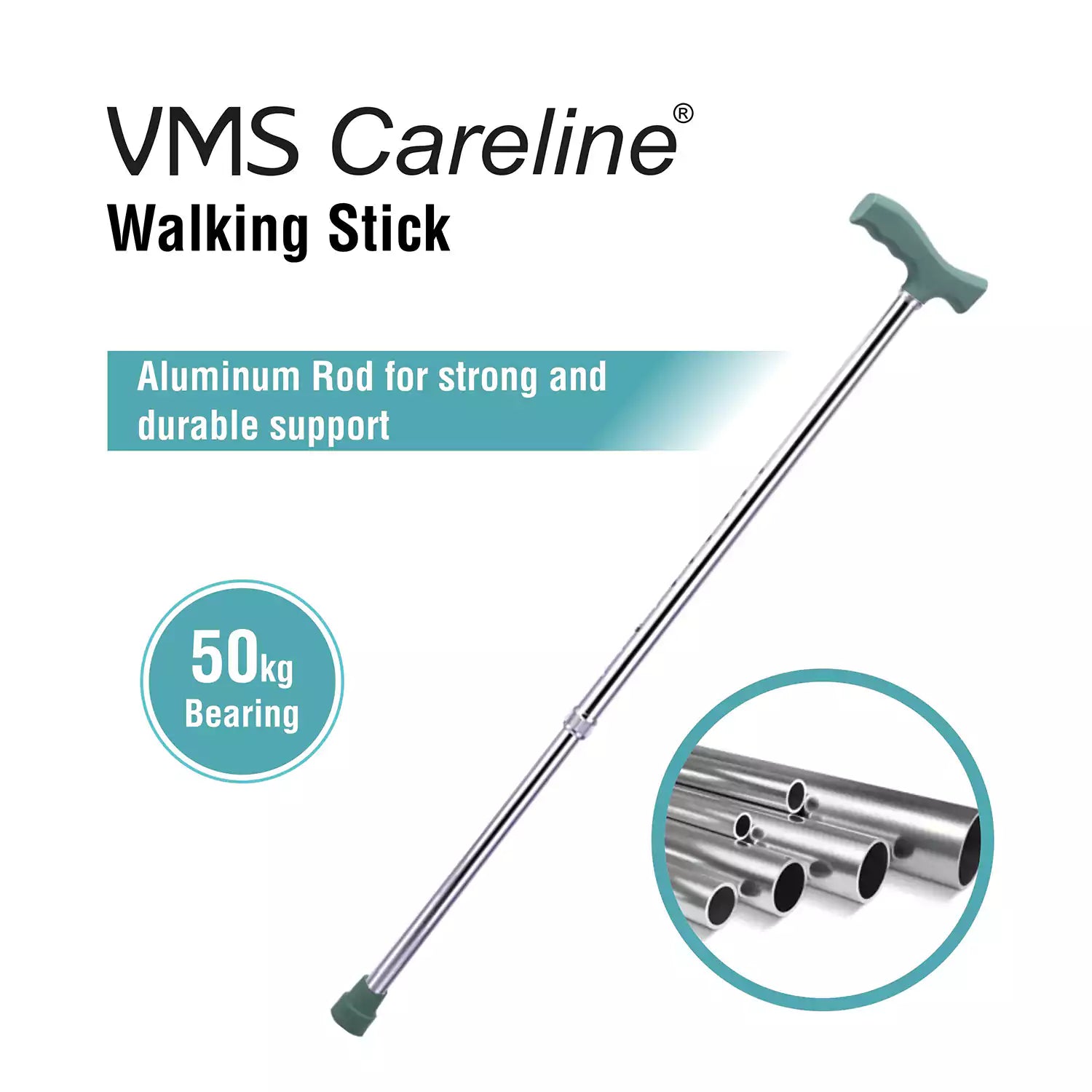 VMS Careline Walking Stick Height Adjustable Walking Cane Stick Aluminum Rod for strong and durable support