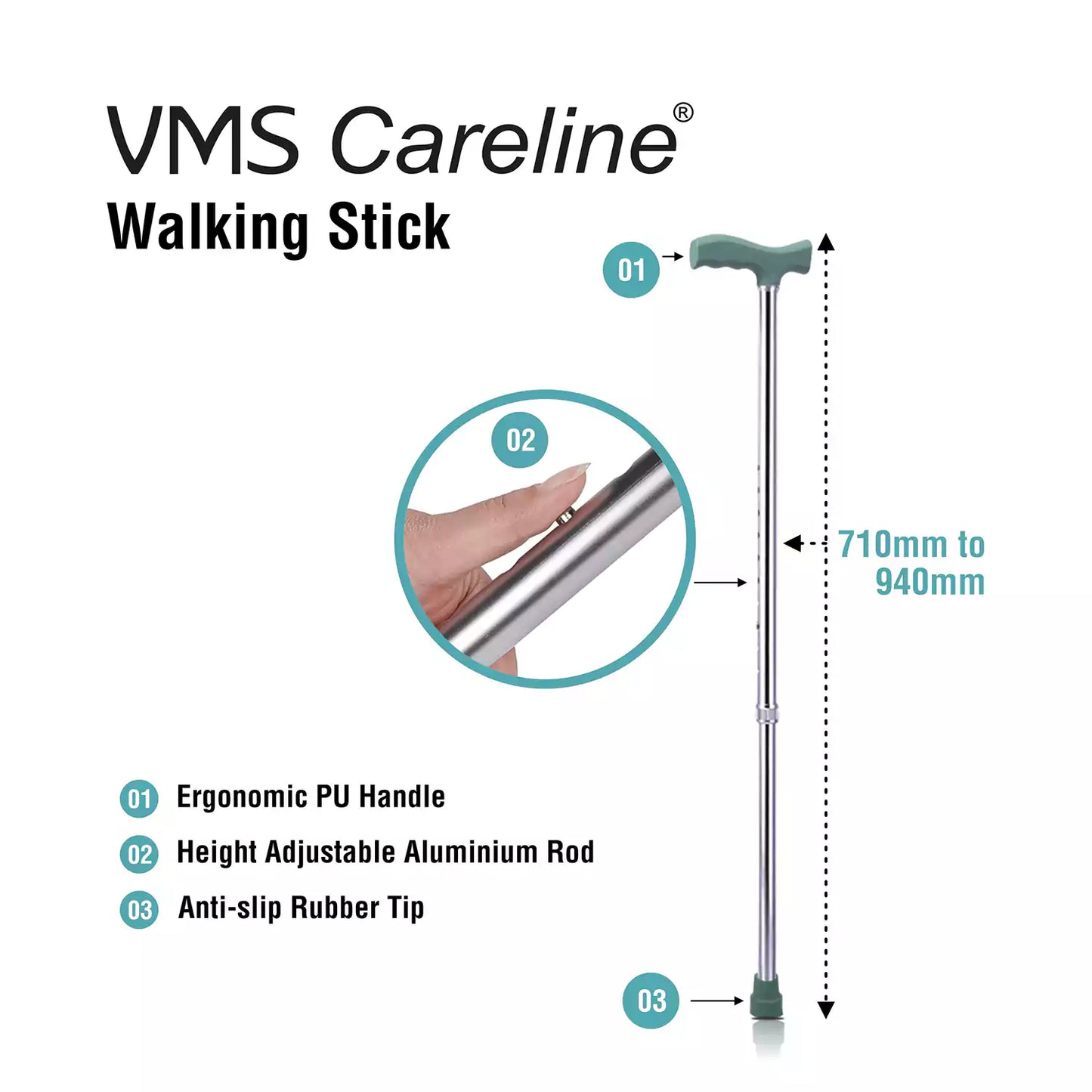 VMS Careline Walking Stick Height Adjustable Walking Cane Stick Features - Ergonomic PU Handle, Height Adjustable Aluminum Rod, Anti Slip Rubber Tip