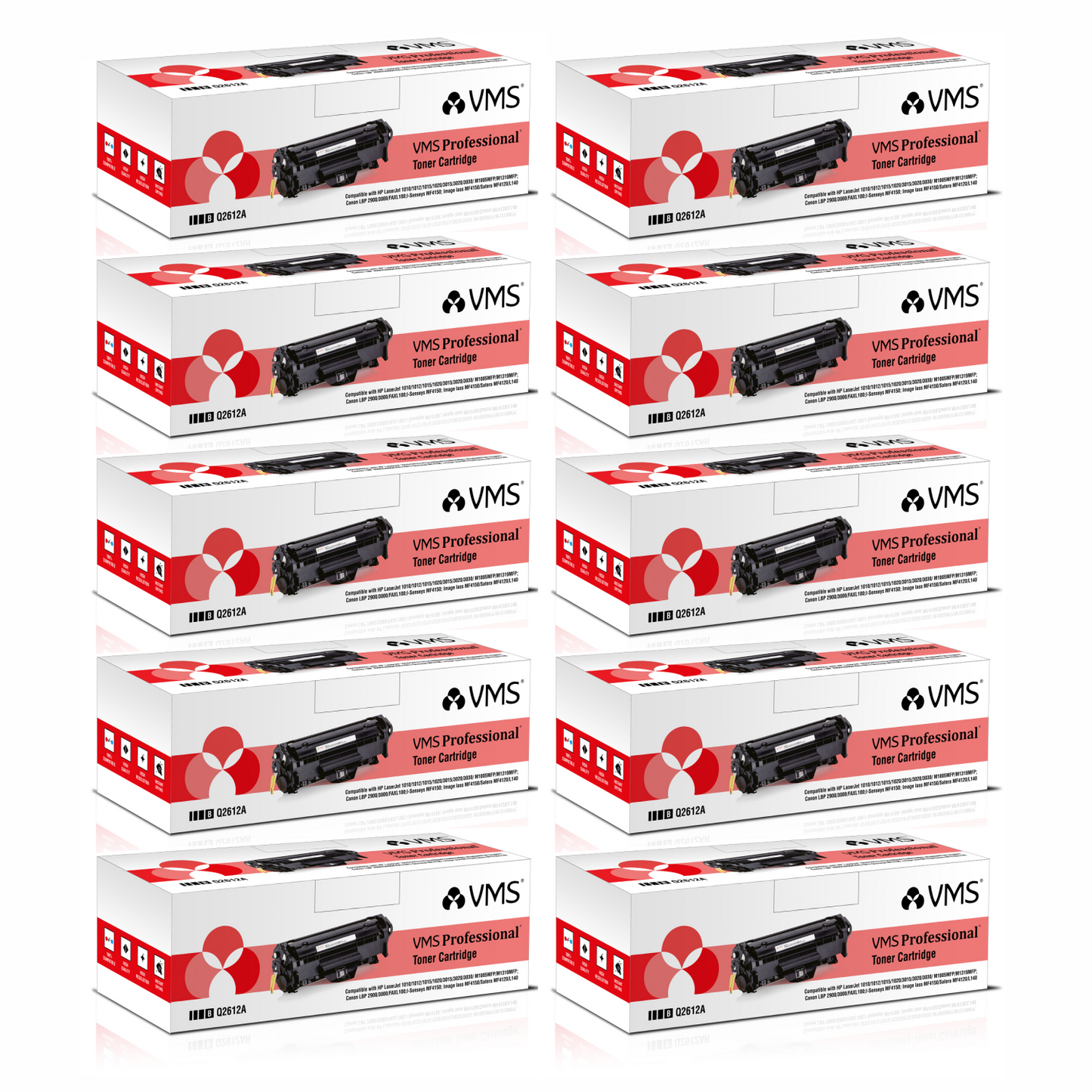 VMS Professional Refillable Black Toner Cartridge Q2612AR Pack of 10