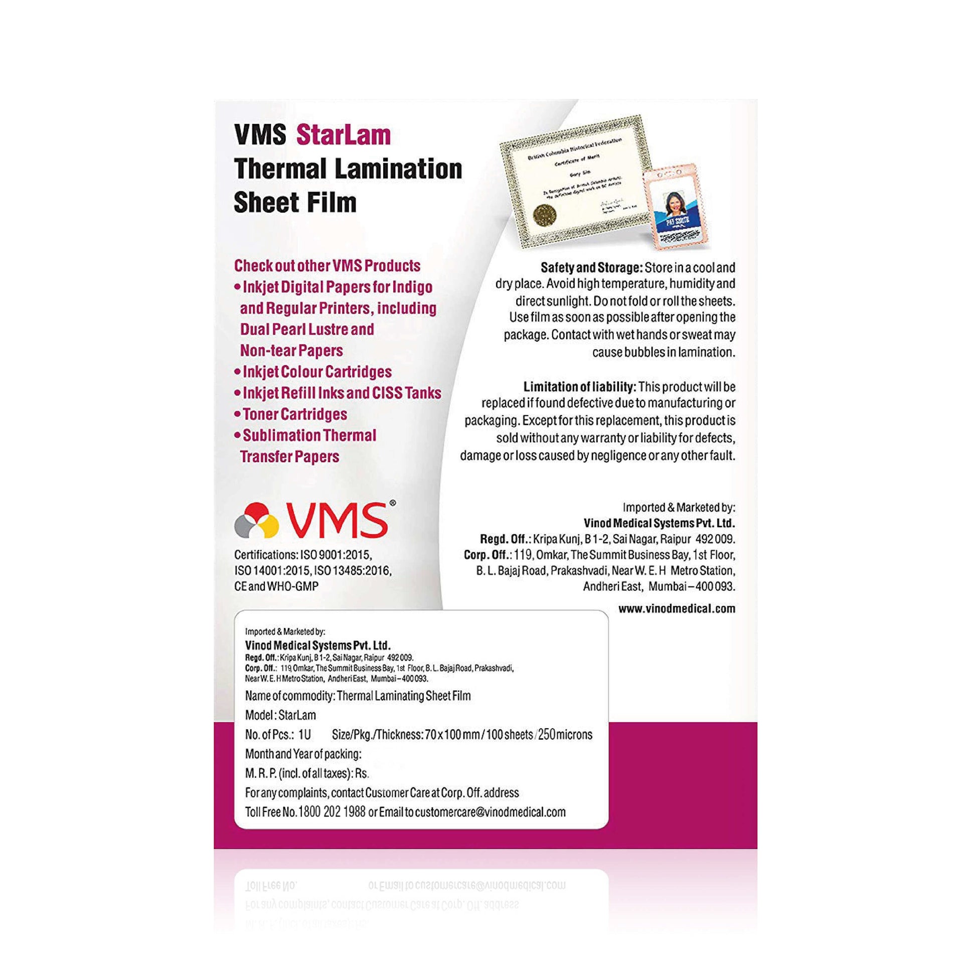 VMS Starlam Thermal Lamination Sheet Film Backside