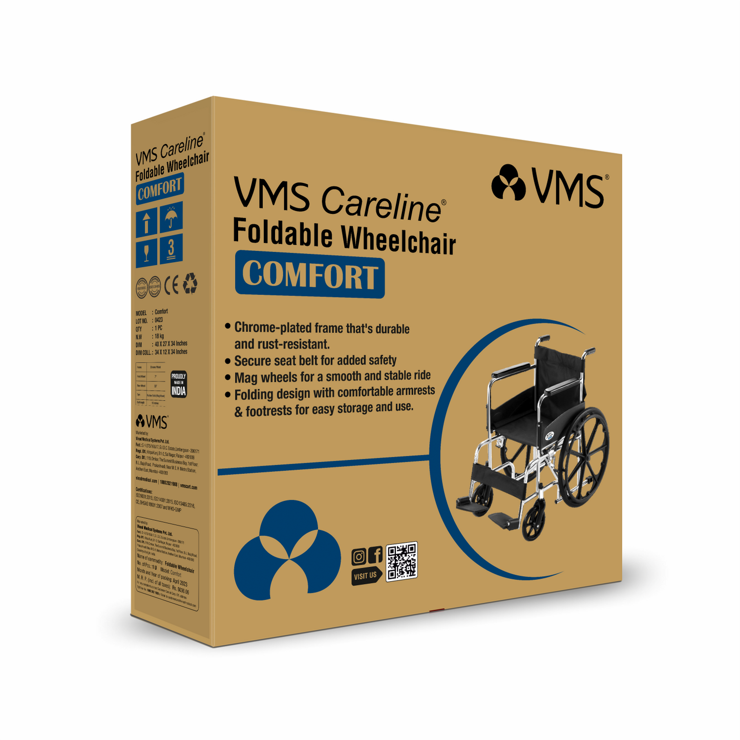 VMS Careline Foldable Manual Wheelchair - Comfort Box