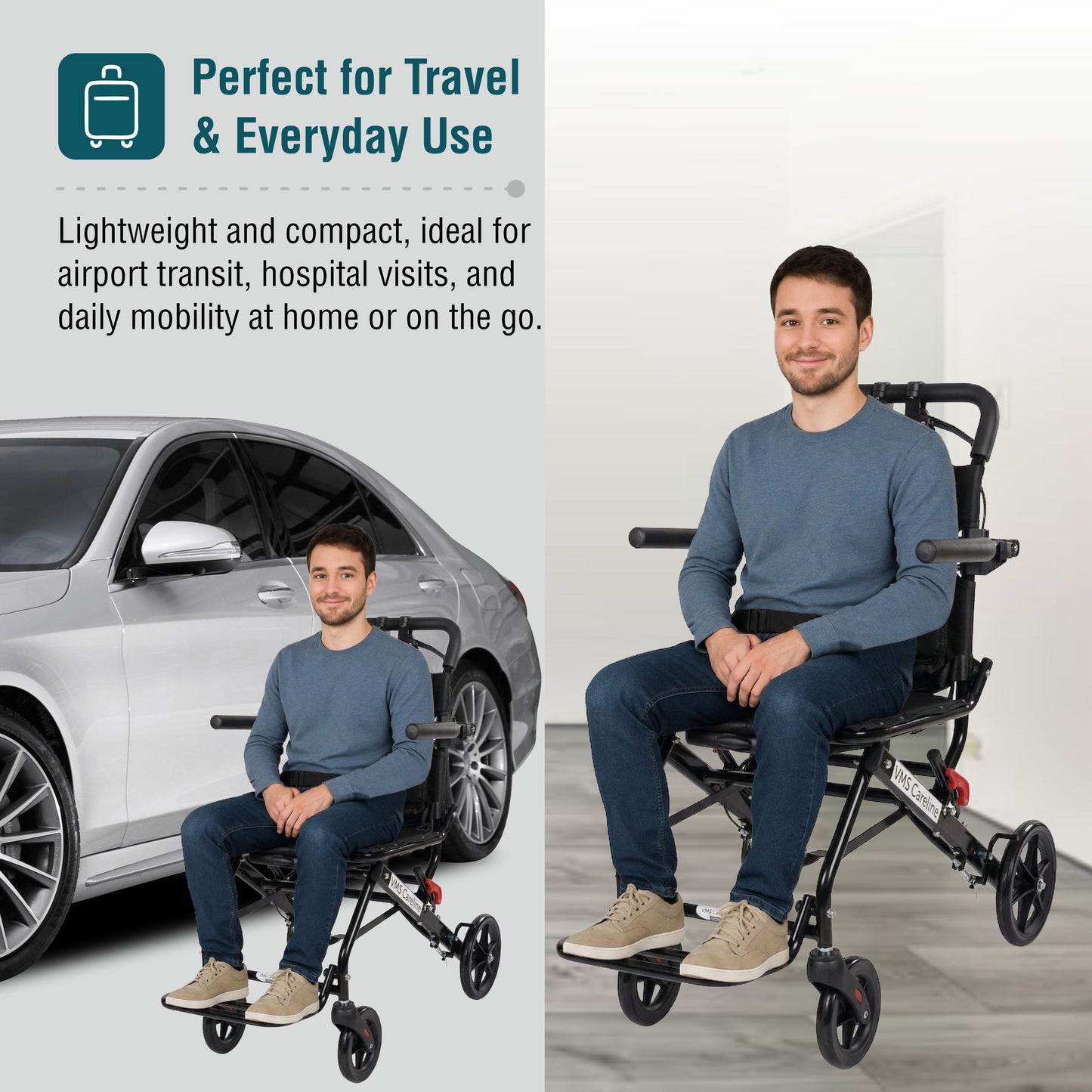 VMS Careline Foldable Portable Transit Wheelchair Airlite -Black