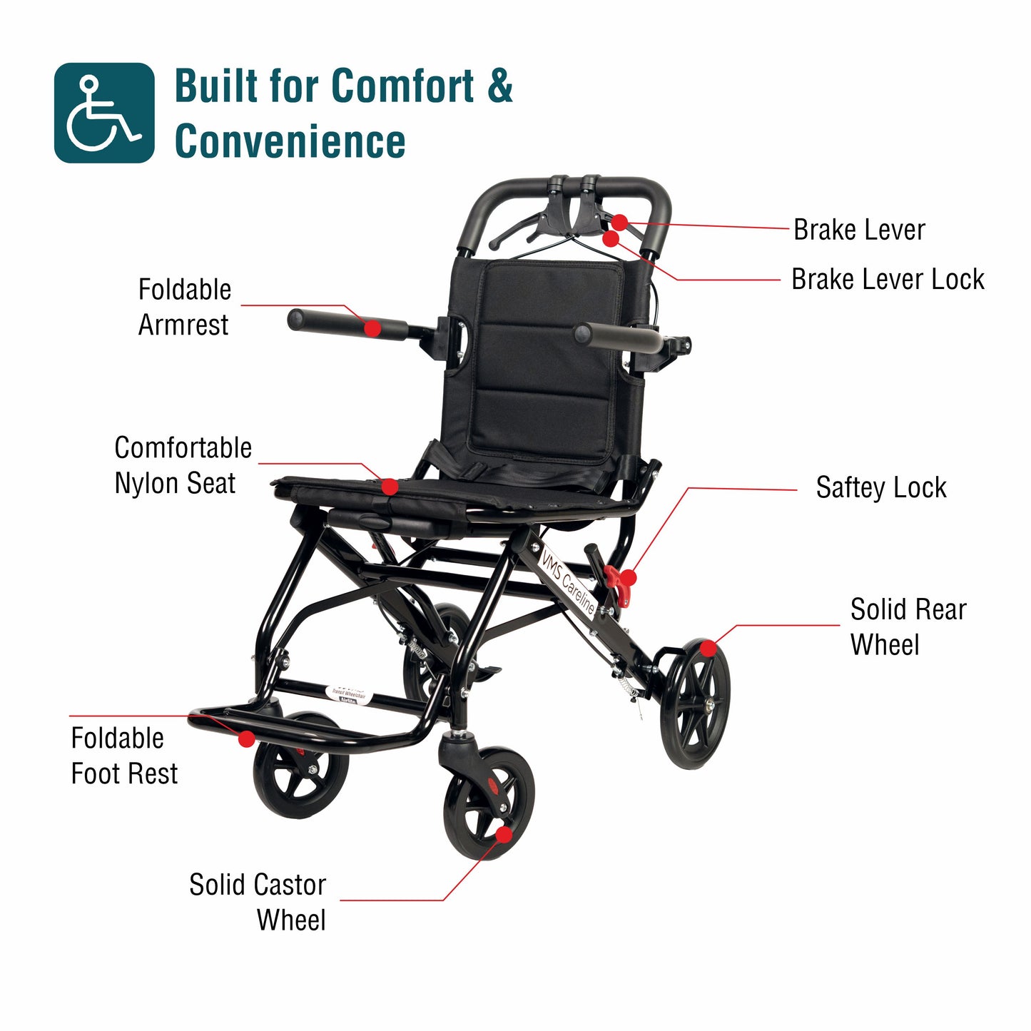 VMS Careline Foldable Portable Transit Wheelchair Airlite -Black