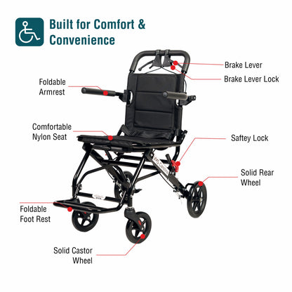 VMS Careline Foldable Portable Transit Wheelchair Airlite -Black