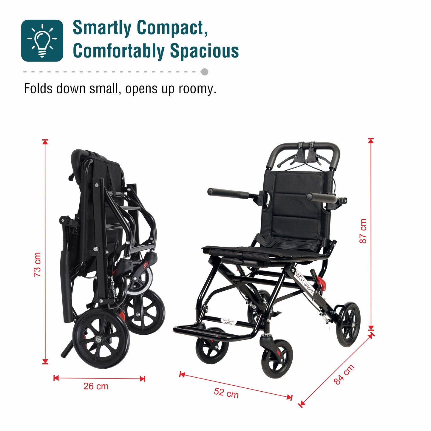 VMS Careline Foldable Portable Transit Wheelchair Airlite -Black