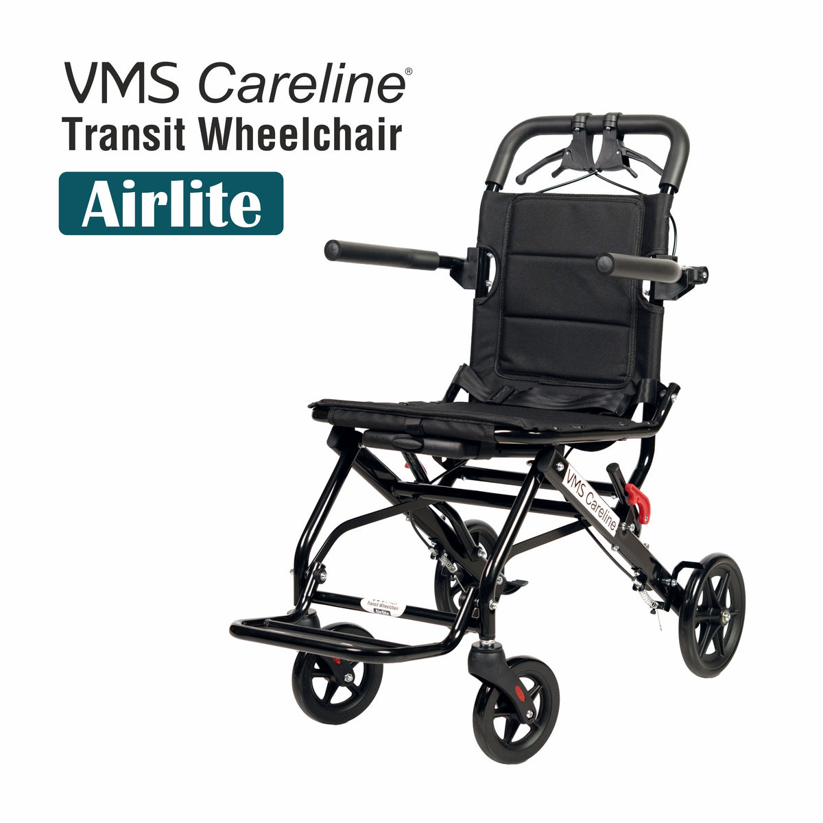 VMS Careline Foldable Portable Transit Wheelchair Airlite -Black