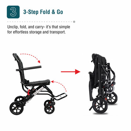 VMS Careline Foldable Portable Transit Wheelchair Airlite -Black