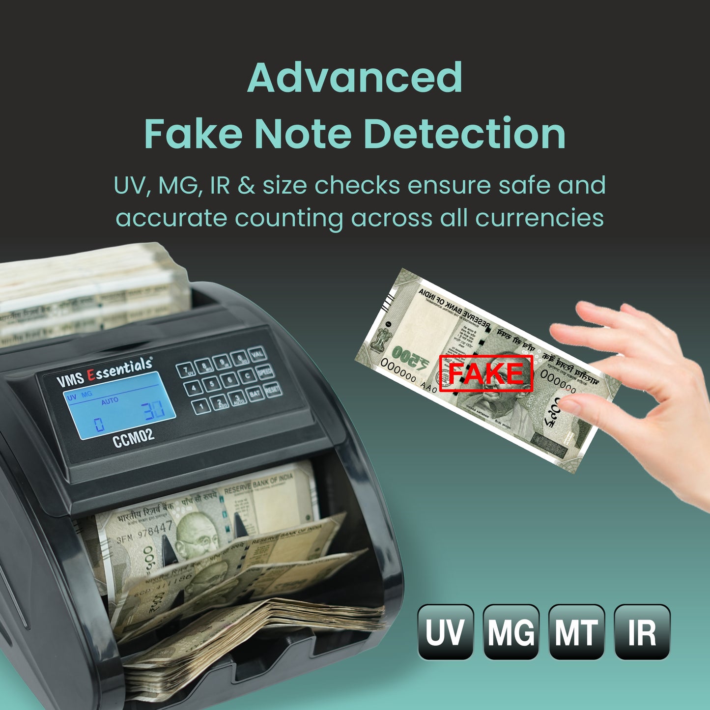 VMS Essentials CCM02 Semi Value Note/Currency Counter - Advanced Counterfeit Detection with UV, MG,IR Sensors and a 1-year offsite Warranty.