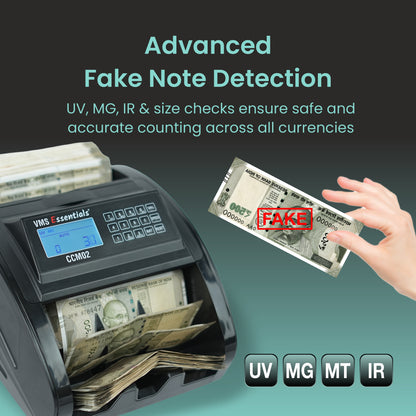 VMS Essentials CCM02 Semi Value Note/Currency Counter - Advanced Counterfeit Detection with UV, MG,IR Sensors and a 1-year offsite Warranty.