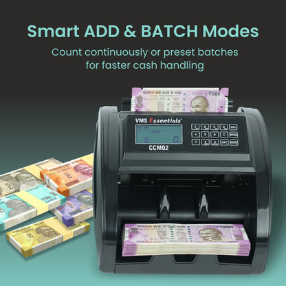 VMS Essentials CCM02 Semi Value Note/Currency Counter - Advanced Counterfeit Detection with UV, MG,IR Sensors and a 1-year offsite Warranty.