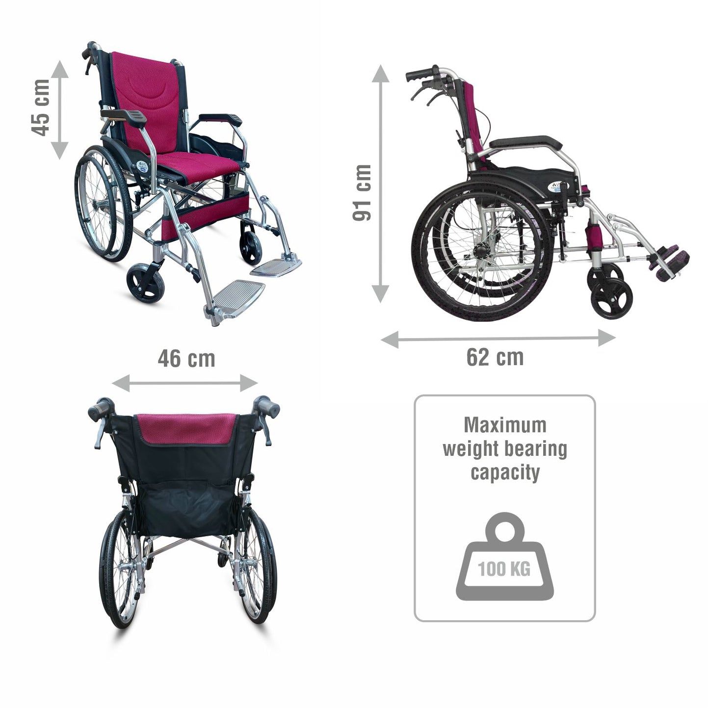 VMS Careline Foldable Transit Wheelchair CRUISE Dimension