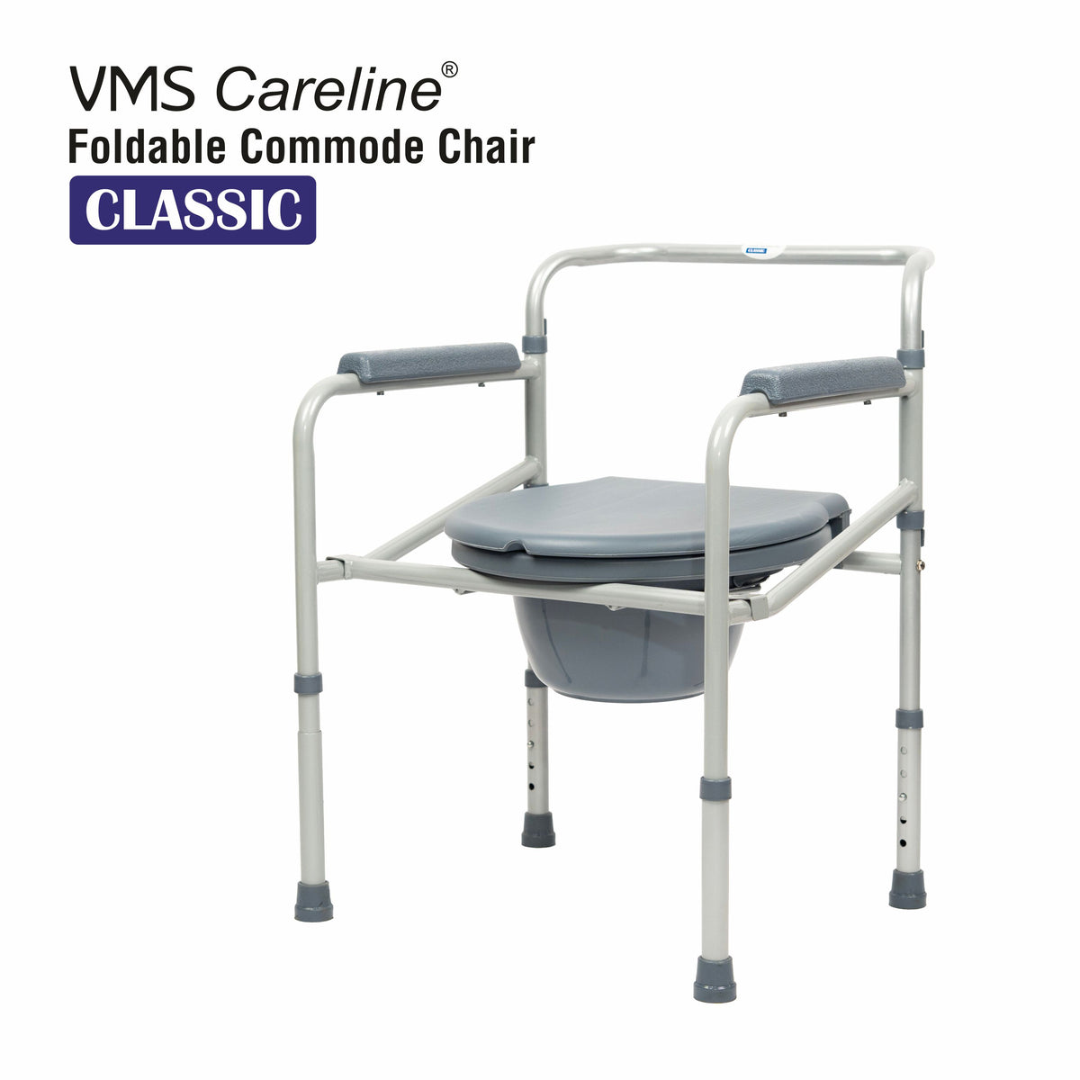 VMS Careline foldable commode chair on a white background