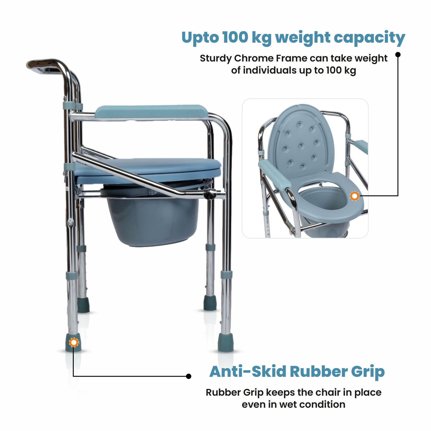 VMS Careline Foldable Commode Chair - CLASSIC With Anti Skid Rubber Grip