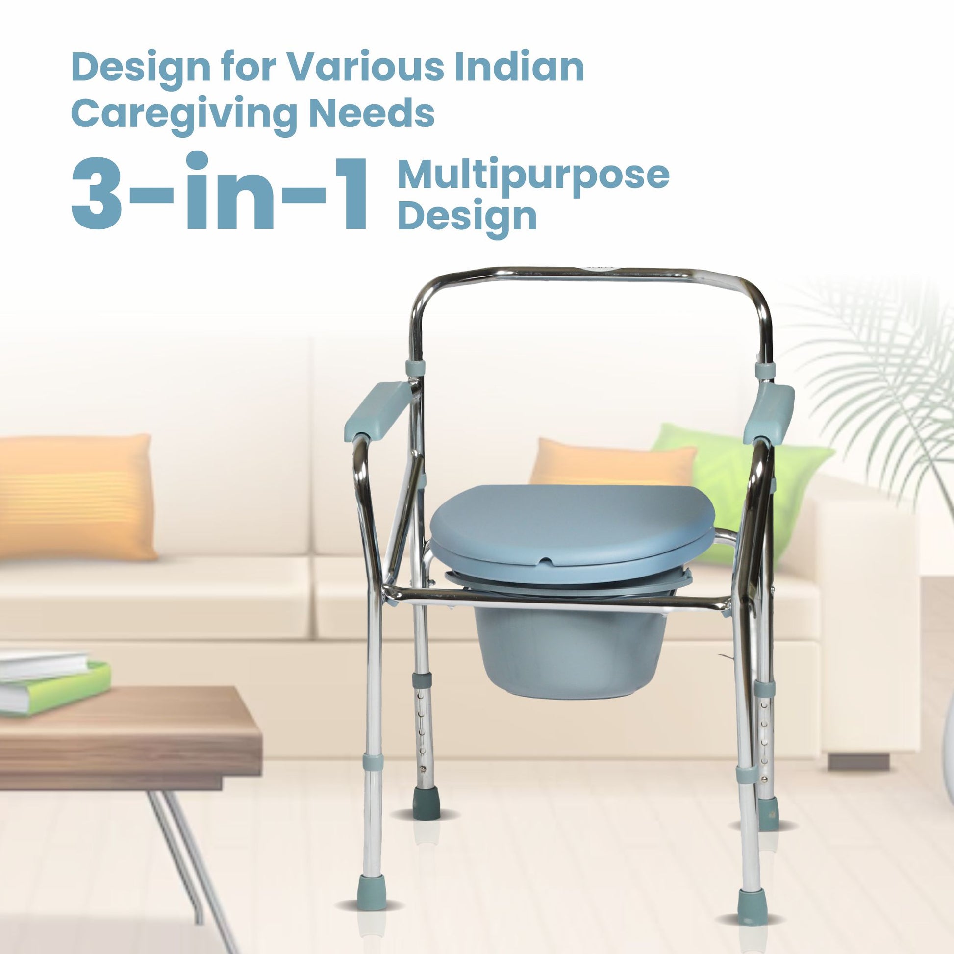 VMS Careline Foldable Commode Chair - CLASSIC 3 in 1 Multipurpose Design