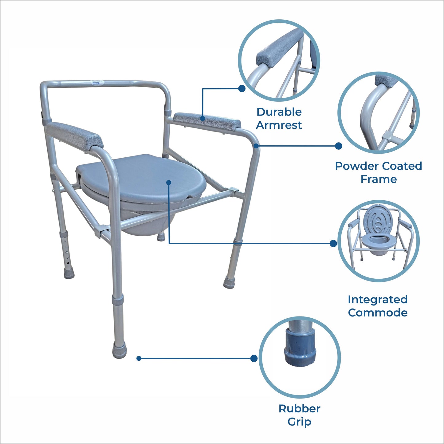 VMS Careline Foldable Commode Chair with features highlighted