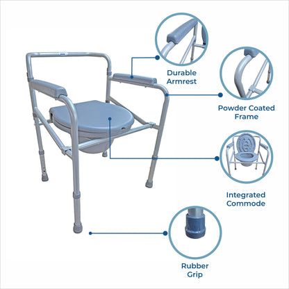 VMS Careline Foldable Commode Chair with features highlighted