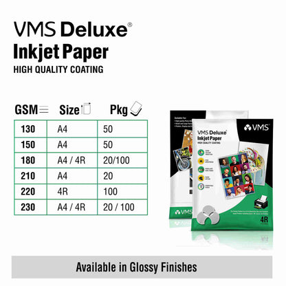 VMS Deluxe 130 GSM A4 Glossy Photo Paper - 20 Sheets High Quality Coating