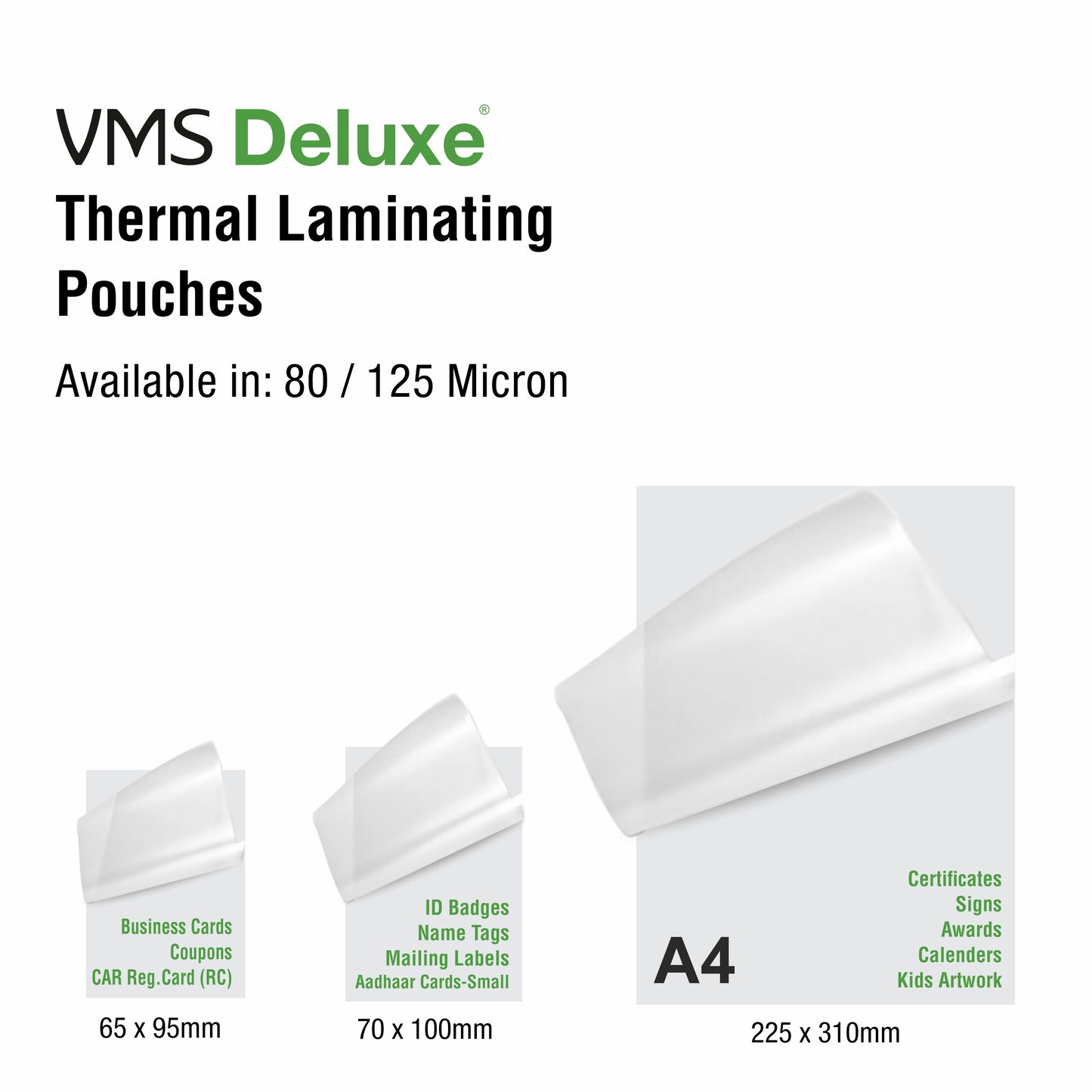 VMS Deluxe Thermal Laminating Size Chart