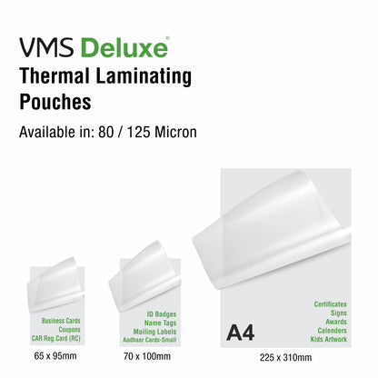 VMS Deluxe Thermal Laminating Size Chart