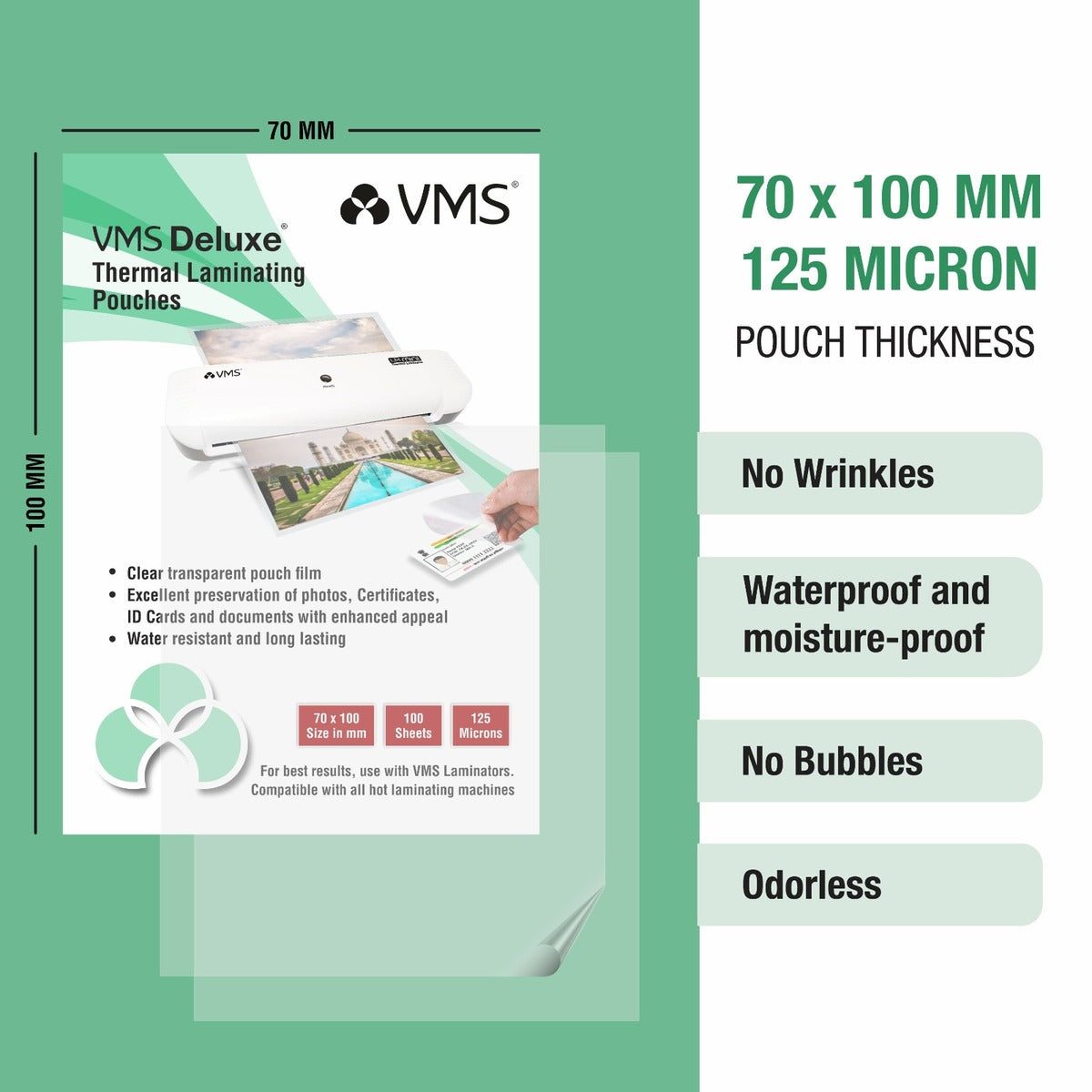 VMS Deluxe 125Mic 70mm x 100mm Thermal Laminating Pouch - Features