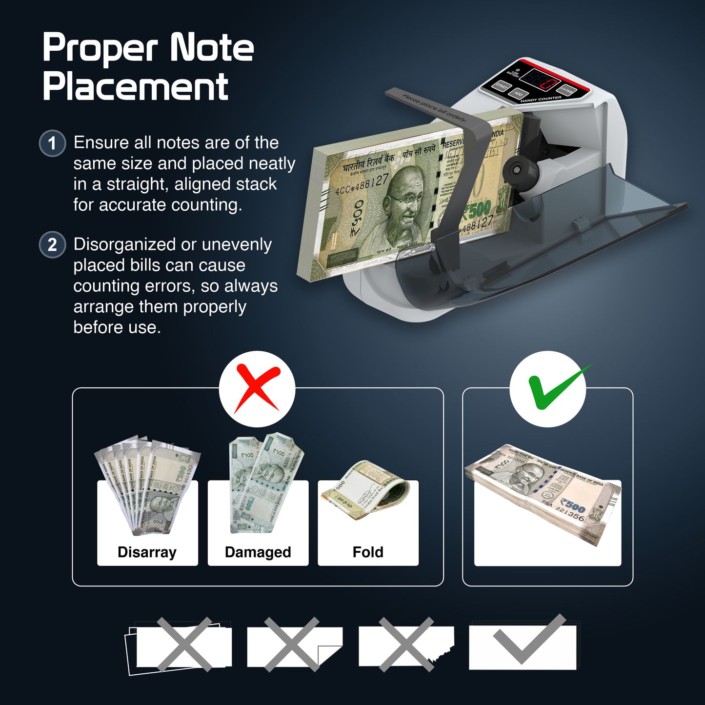 VMS Essentials Handy Money counting machine with instructions on proper note placement 