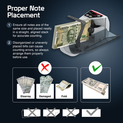 VMS Essentials Handy Money counting machine with instructions on proper note placement 