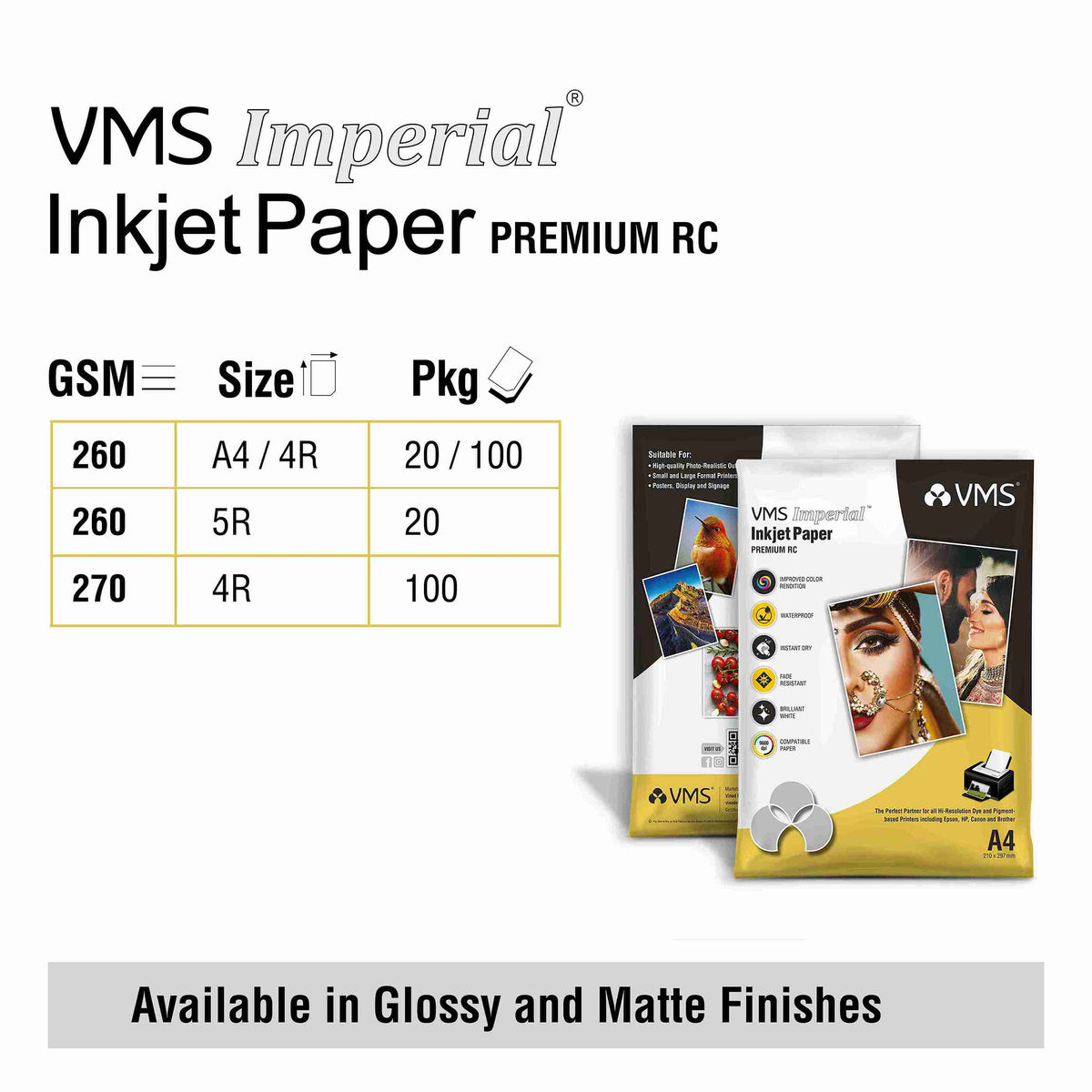 VMS Imperial 260 GSM 4R (4x6) High Gloss Photo Paper - Available in Glossy and Finishes 