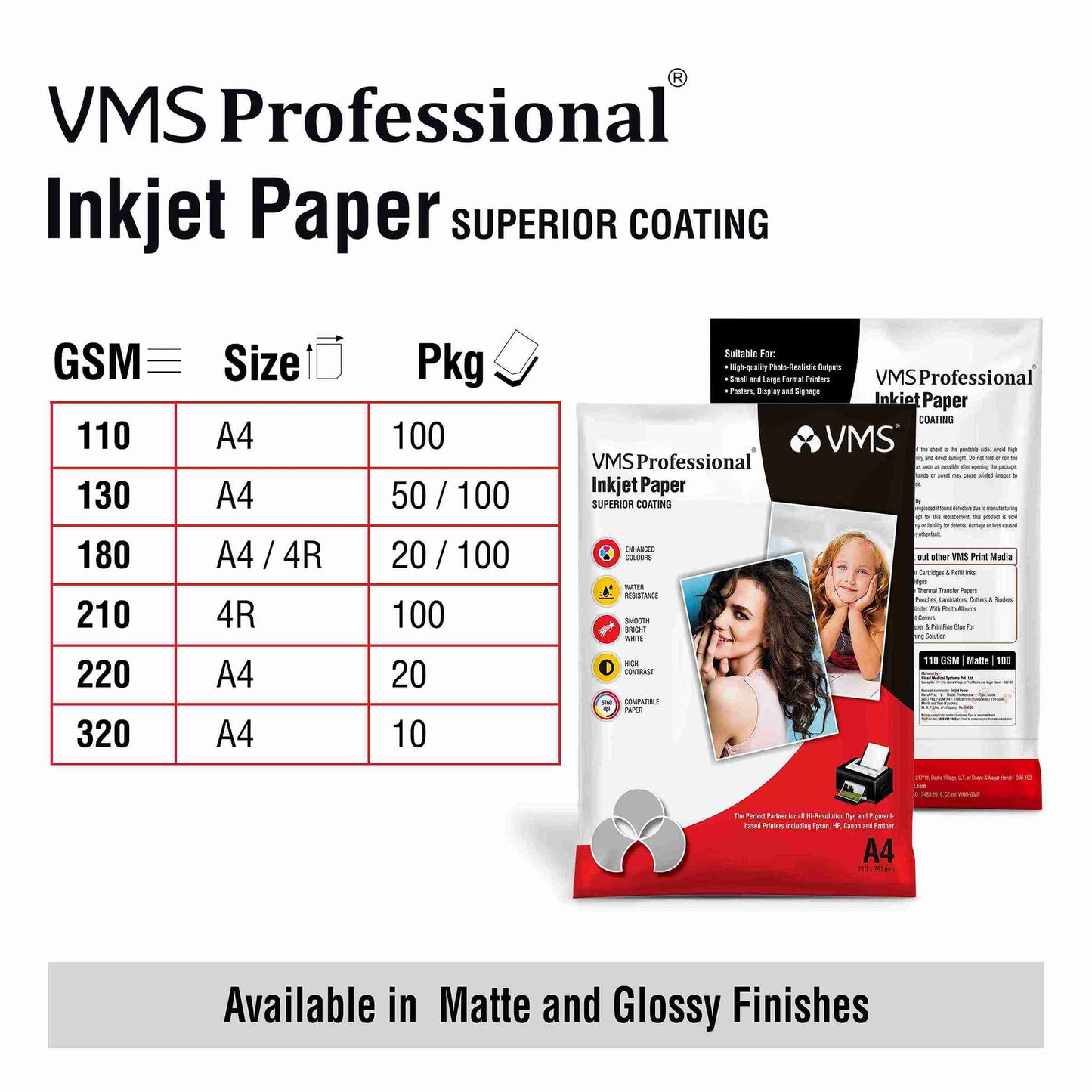  VMS Professional 210 GSM  Size Chart